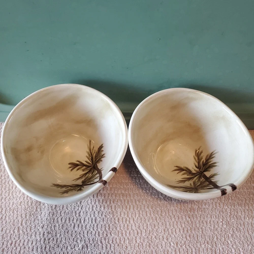 Bahamas Hand Painted Collection Palm Tree Ceramic Bowls Set of 2 Tropical Cream